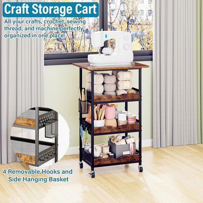 4-Tier Rolling Cart with Drawer, Pegboard, Hanging Basket & Hooks