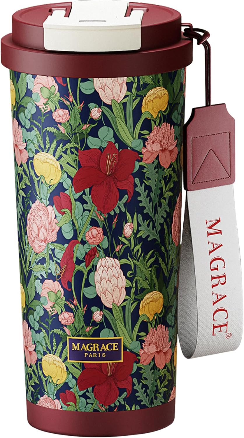 MAGRACE Travel Coffee Mug with Ceramic Lining 17 Oz Large Cute Coffee Cup | Iced Coffee Cups with Lids & Carry Strap, Double Wall Insulated Ceramic Travel Mug for Women, Men, Girls, Friends, Coworkers