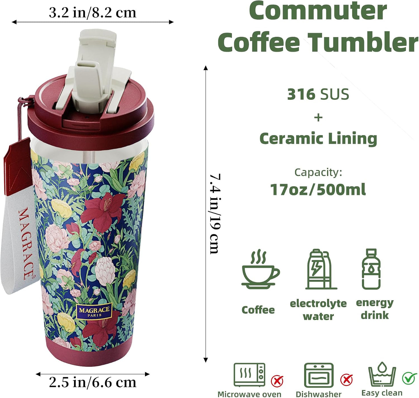 MAGRACE Travel Coffee Mug with Ceramic Lining 17 Oz Large Cute Coffee Cup | Iced Coffee Cups with Lids & Carry Strap, Double Wall Insulated Ceramic Travel Mug for Women, Men, Girls, Friends, Coworkers