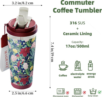 MAGRACE Travel Coffee Mug with Ceramic Lining 17 Oz Large Cute Coffee Cup | Iced Coffee Cups with Lids & Carry Strap, Double Wall Insulated Ceramic Travel Mug for Women, Men, Girls, Friends, Coworkers