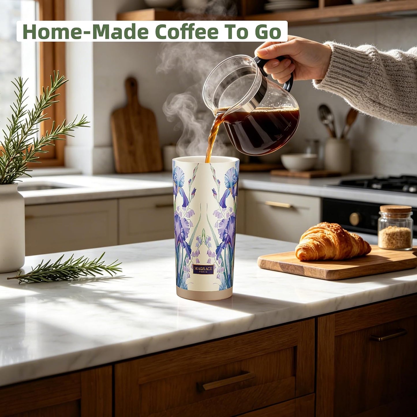 MAGRACE Travel Coffee Mug with Ceramic Lining 17 Oz Large Cute Coffee Cup | Iced Coffee Cups with Lids & Carry Strap, Double Wall Insulated Ceramic Travel Mug for Women, Men, Girls, Friends, Coworkers