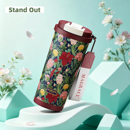 MAGRACE Travel Coffee Mug with Ceramic Lining 17 Oz Large Cute Coffee Cup | Iced Coffee Cups with Lids & Carry Strap, Double Wall Insulated Ceramic Travel Mug for Women, Men, Girls, Friends, Coworkers