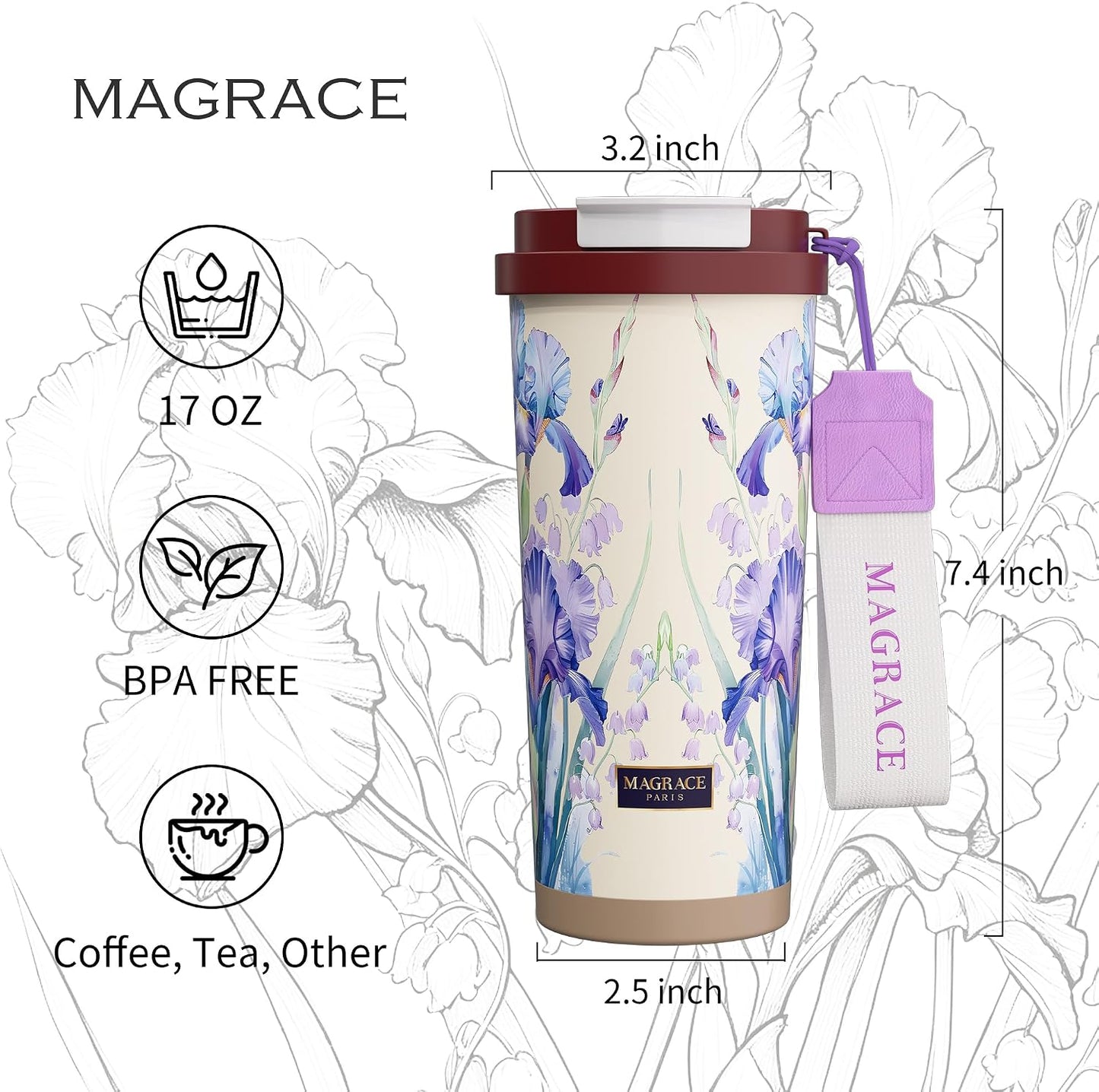 MAGRACE Travel Coffee Mug with Ceramic Lining 17 Oz Large Cute Coffee Cup | Iced Coffee Cups with Lids & Carry Strap, Double Wall Insulated Ceramic Travel Mug for Women, Men, Girls, Friends, Coworkers