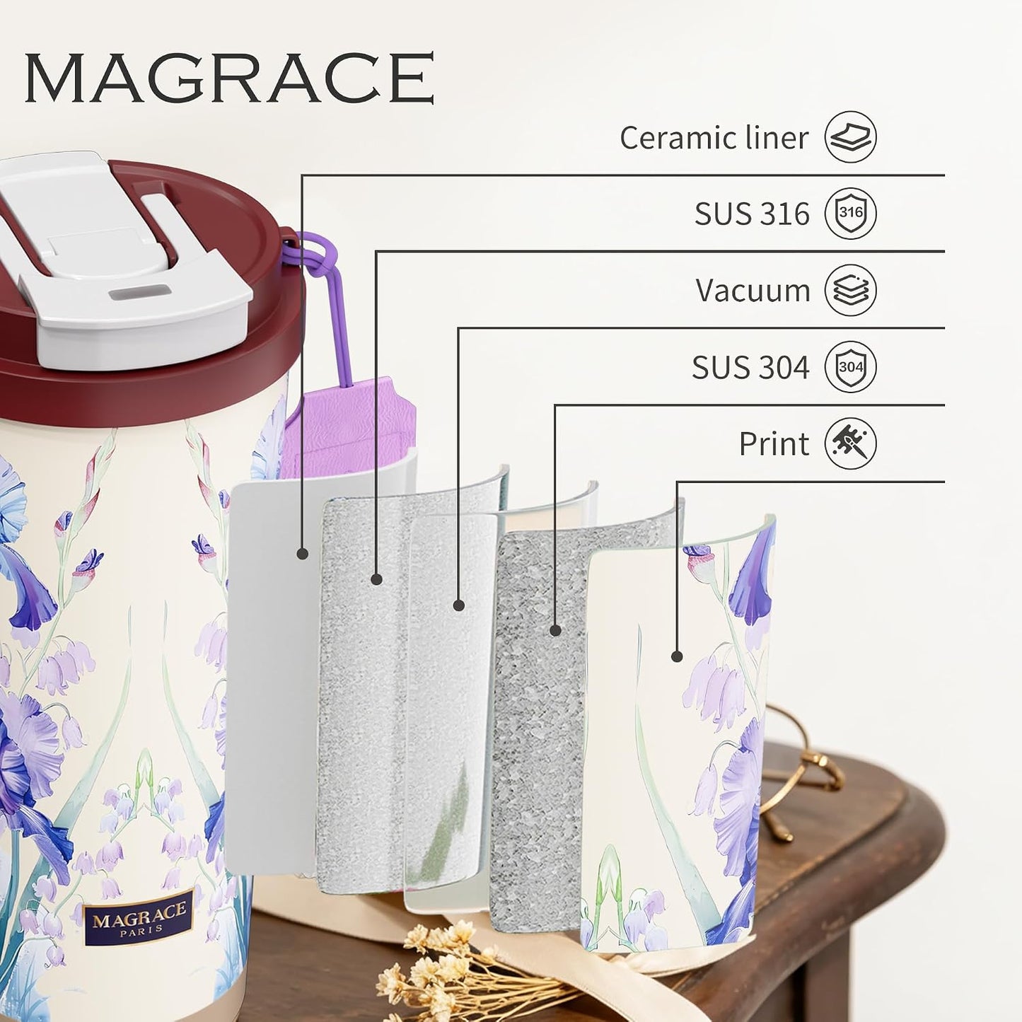 MAGRACE Travel Coffee Mug with Ceramic Lining 17 Oz Large Cute Coffee Cup | Iced Coffee Cups with Lids & Carry Strap, Double Wall Insulated Ceramic Travel Mug for Women, Men, Girls, Friends, Coworkers