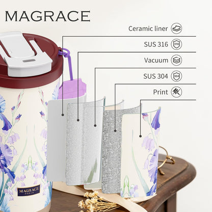 MAGRACE Travel Coffee Mug with Ceramic Lining 17 Oz Large Cute Coffee Cup | Iced Coffee Cups with Lids & Carry Strap, Double Wall Insulated Ceramic Travel Mug for Women, Men, Girls, Friends, Coworkers