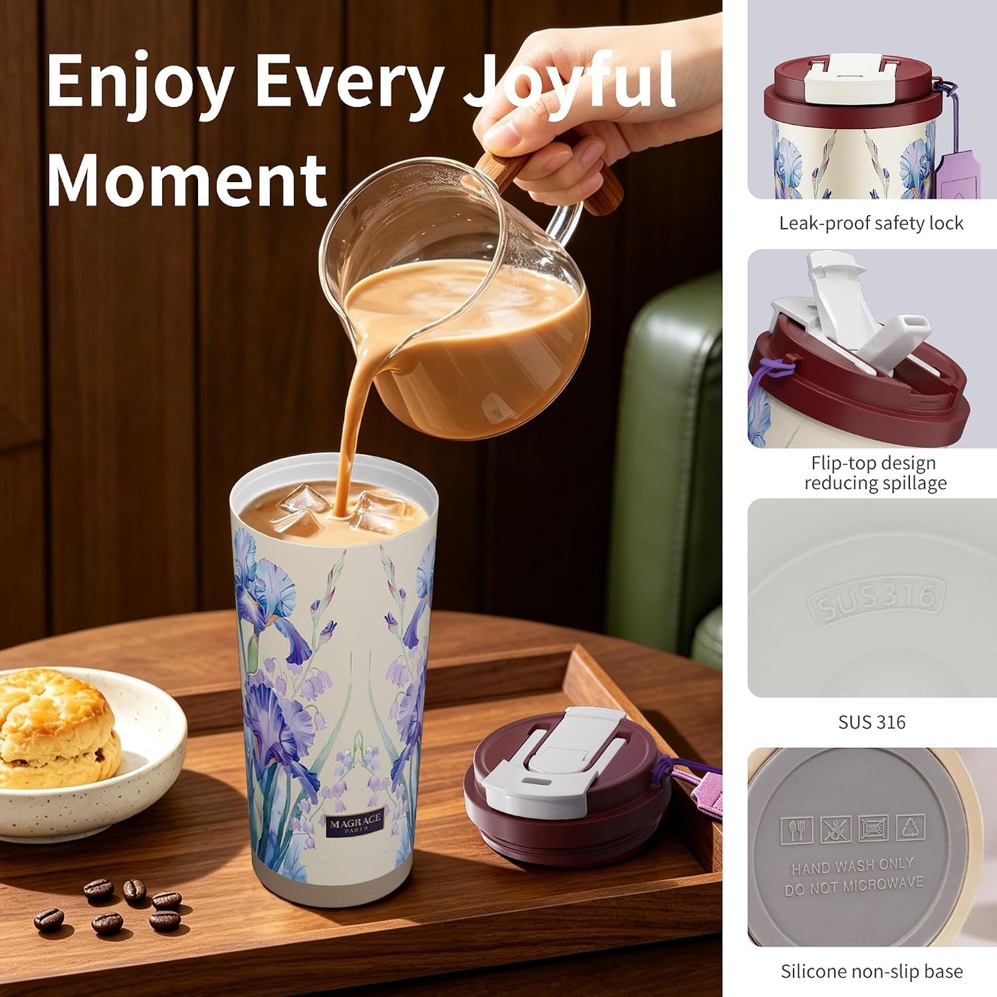 MAGRACE Travel Coffee Mug with Ceramic Lining 17 Oz Large Cute Coffee Cup | Iced Coffee Cups with Lids & Carry Strap, Double Wall Insulated Ceramic Travel Mug for Women, Men, Girls, Friends, Coworkers