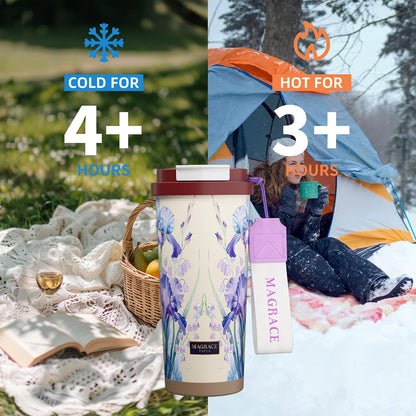 MAGRACE Travel Coffee Mug with Ceramic Lining 17 Oz Large Cute Coffee Cup | Iced Coffee Cups with Lids & Carry Strap, Double Wall Insulated Ceramic Travel Mug for Women, Men, Girls, Friends, Coworkers