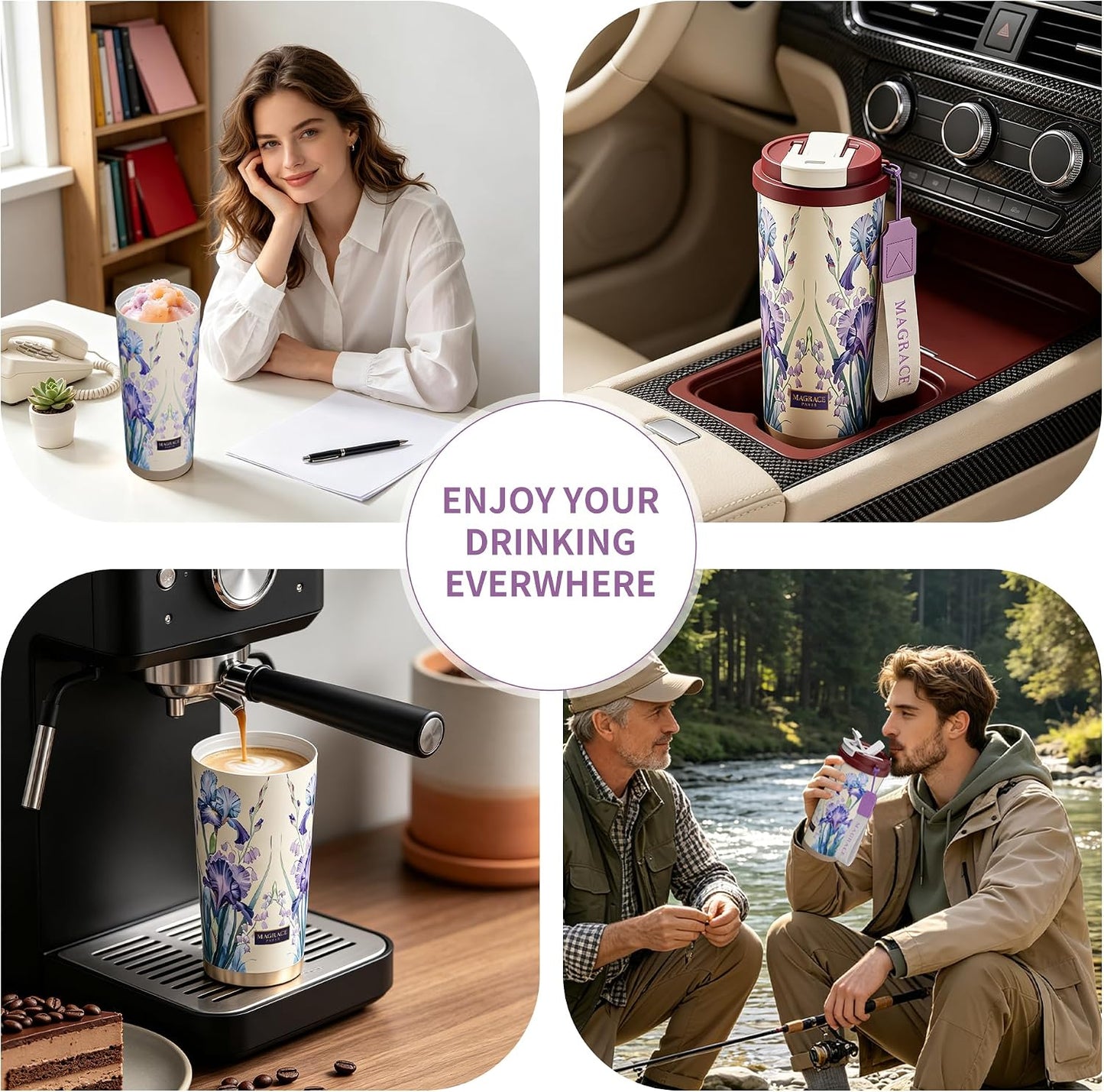 MAGRACE Travel Coffee Mug with Ceramic Lining 17 Oz Large Cute Coffee Cup | Iced Coffee Cups with Lids & Carry Strap, Double Wall Insulated Ceramic Travel Mug for Women, Men, Girls, Friends, Coworkers