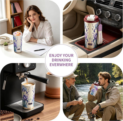 MAGRACE Travel Coffee Mug with Ceramic Lining 17 Oz Large Cute Coffee Cup | Iced Coffee Cups with Lids & Carry Strap, Double Wall Insulated Ceramic Travel Mug for Women, Men, Girls, Friends, Coworkers