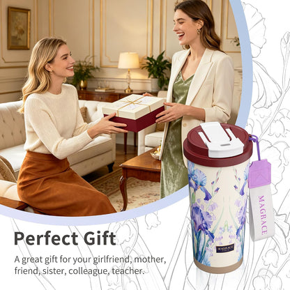 MAGRACE Travel Coffee Mug with Ceramic Lining 17 Oz Large Cute Coffee Cup | Iced Coffee Cups with Lids & Carry Strap, Double Wall Insulated Ceramic Travel Mug for Women, Men, Girls, Friends, Coworkers