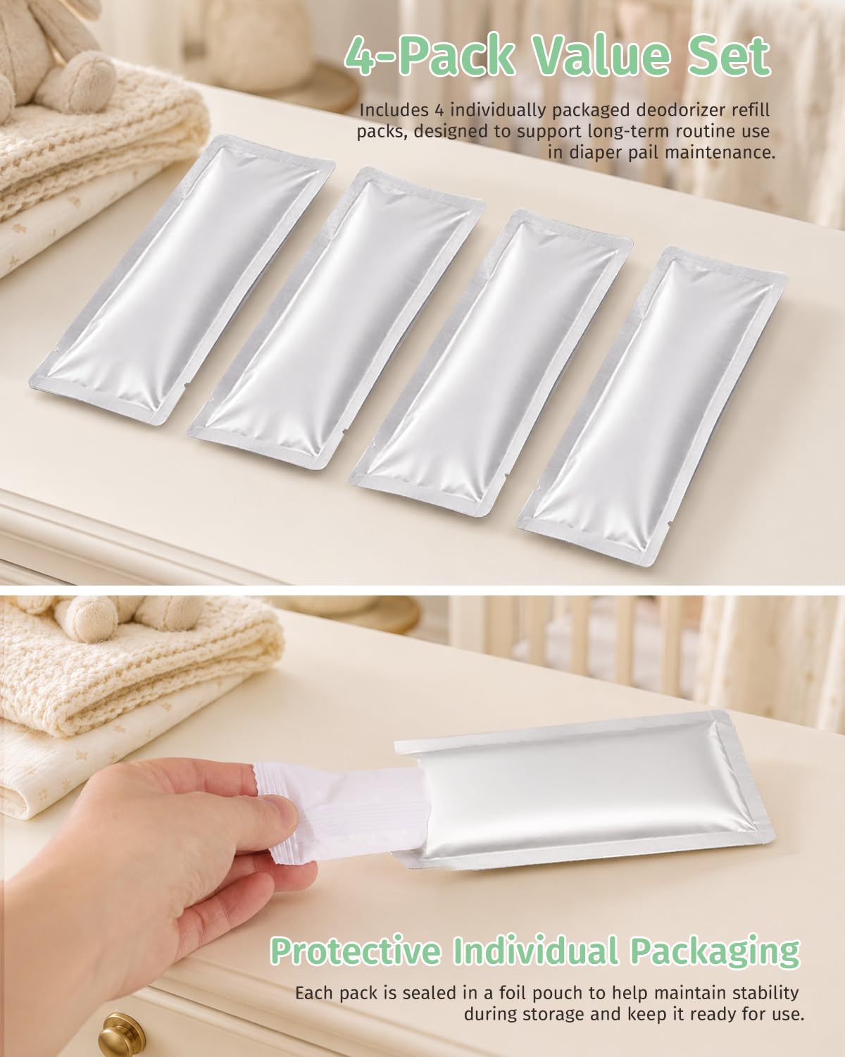 4-Pack Replacement Deodorizer Packs Compatible with Momcozy Diaper Pail, Diaper Pail Deodorizer Refills, Easy Replacement Packs for Nursery Use