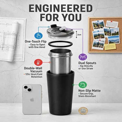 14oz Double Wall Stainless Steel Vacuum Insulated Travel Tumbler with Lid | Food-grade 304 steel, heat & cold retention, leakproof lid, portable for car office camping, reusable daily cup