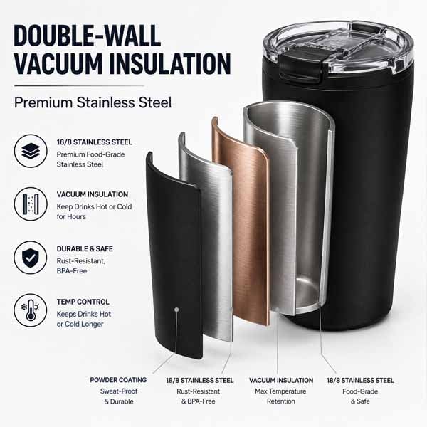 14oz Double Wall Stainless Steel Vacuum Insulated Travel Tumbler with Lid | Food-grade 304 steel, heat & cold retention, leakproof lid, portable for car office camping, reusable daily cup