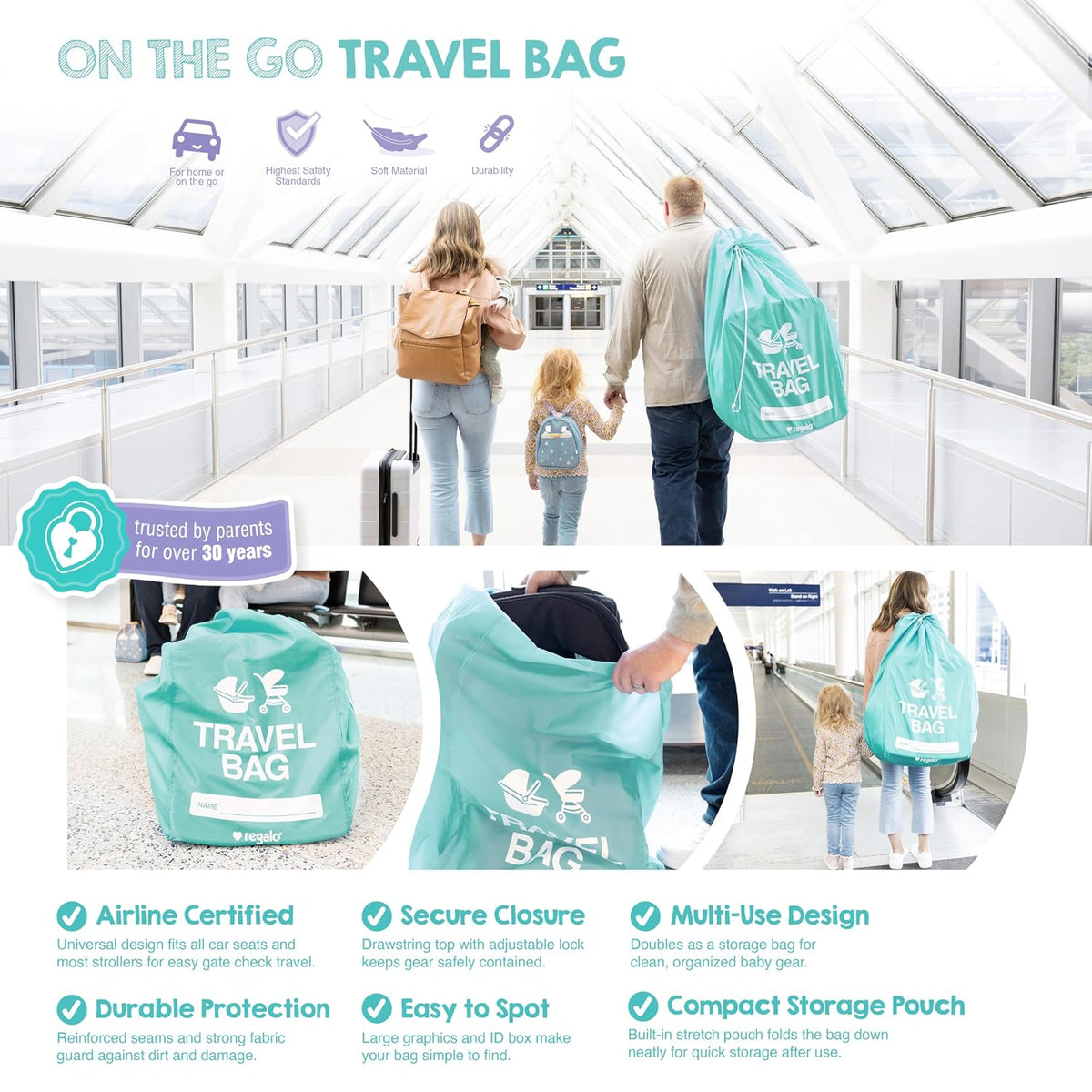 On-The-Go Travel Bag for Car Seats & Strollers, Airline Certified Gate Check Bag, Universal Fit, Durable Lightweight Travel Cover with ID Window