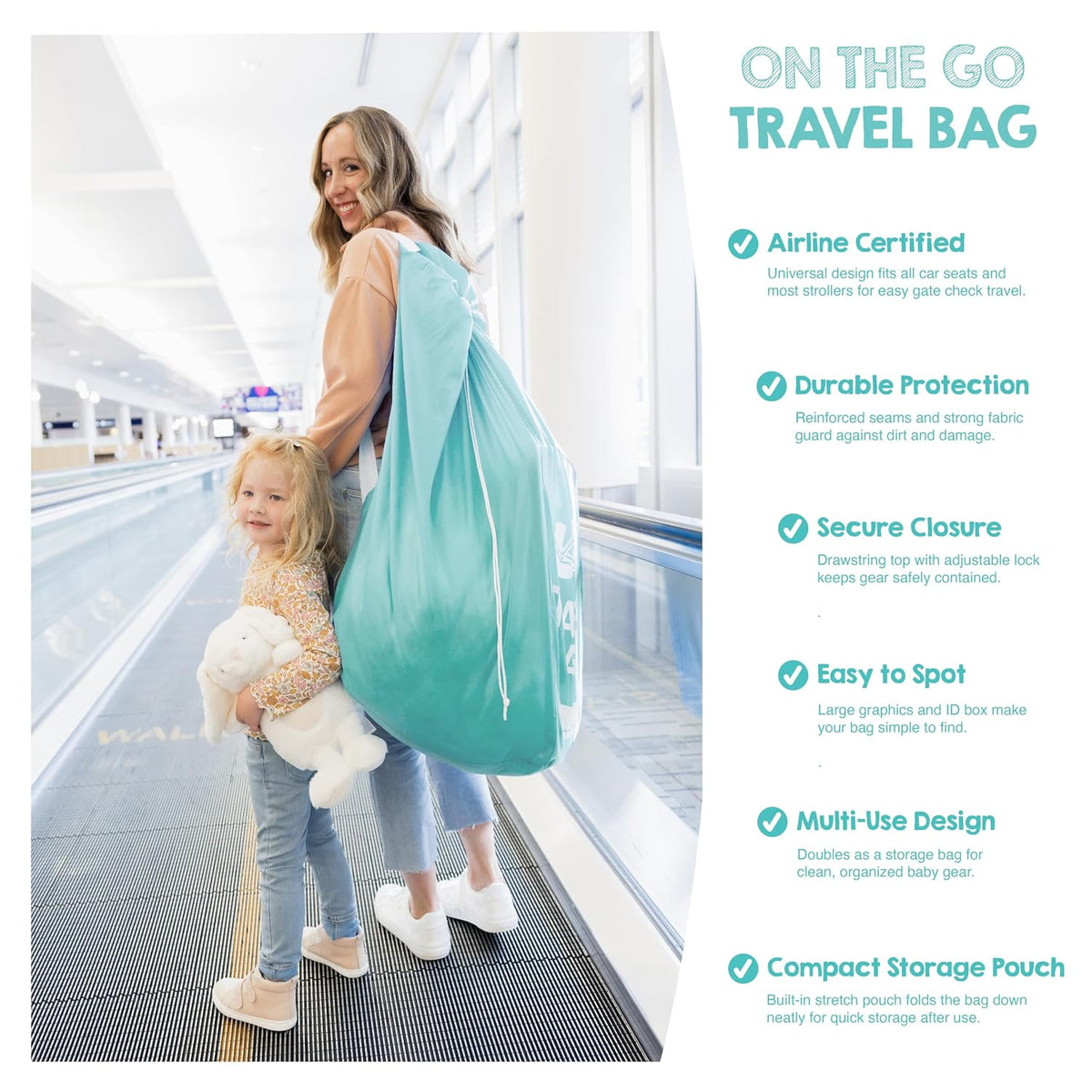 On-The-Go Travel Bag for Car Seats & Strollers, Airline Certified Gate Check Bag, Universal Fit, Durable Lightweight Travel Cover with ID Window