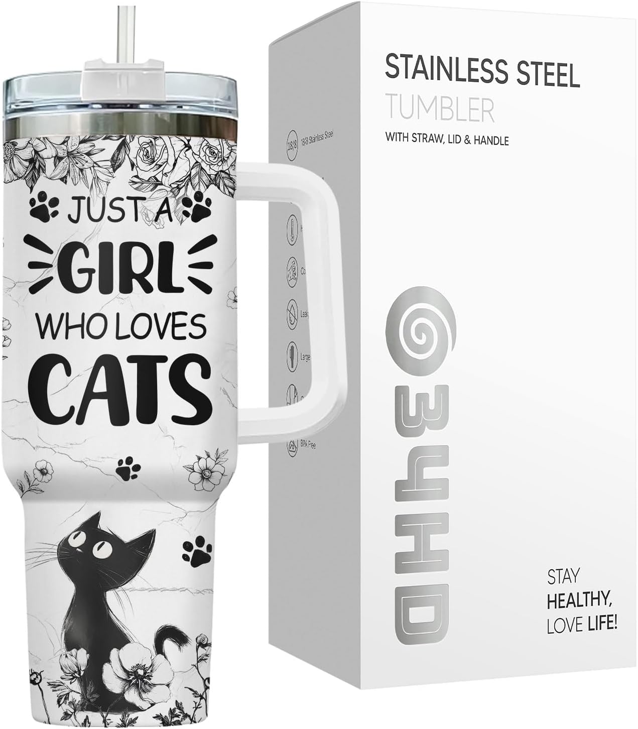 Funny Cat Will Not Harm My 40 oz Tumbler with Handle, Cat Lover Gift | Feline Lover Gift, Feline Kitty Whiskers Paw Meow Fur Baby Heifer Ranch Farmhouse Cattle Moo Tumbler