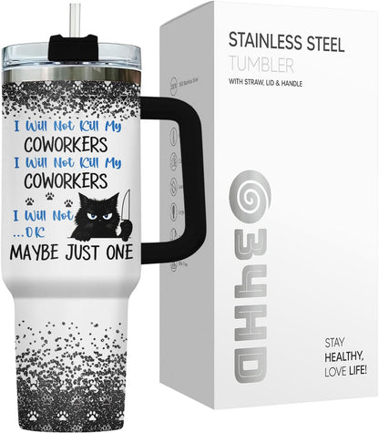 Funny Cat Will Not Harm My 40 oz Tumbler with Handle, Cat Lover Gift | Feline Lover Gift, Feline Kitty Whiskers Paw Meow Fur Baby Heifer Ranch Farmhouse Cattle Moo Tumbler