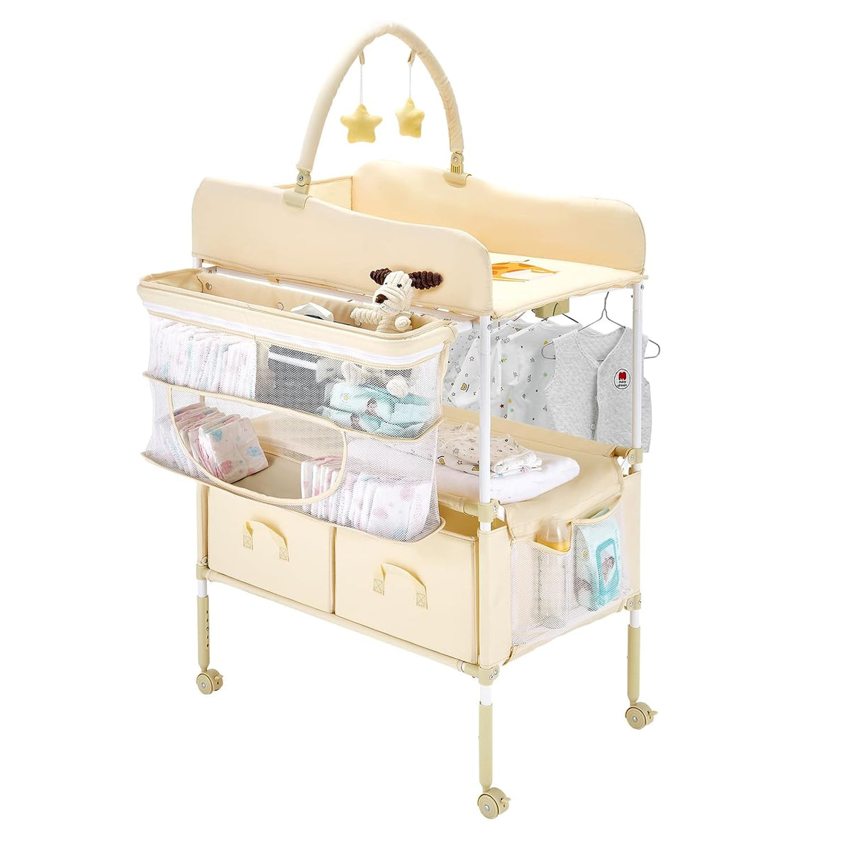 Baby Changing Table, Foldable Diaper Change Station with 2 Fabric Drawers, Side Basket and Hanging Rod, Adjustable Height Changing Table with Lockable Wheels and 2 Star Toys, Light Gray
