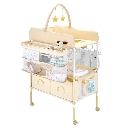 Baby Changing Table, Foldable Diaper Change Station with 2 Fabric Drawers, Side Basket and Hanging Rod, Adjustable Height Changing Table with Lockable Wheels and 2 Star Toys, Light Gray