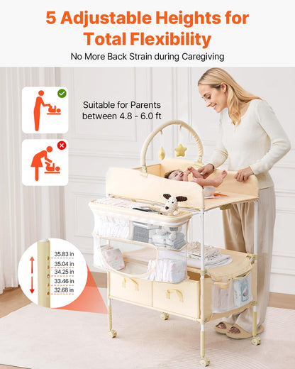 Baby Changing Table, Foldable Diaper Change Station with 2 Fabric Drawers, Side Basket and Hanging Rod, Adjustable Height Changing Table with Lockable Wheels and 2 Star Toys, Light Gray