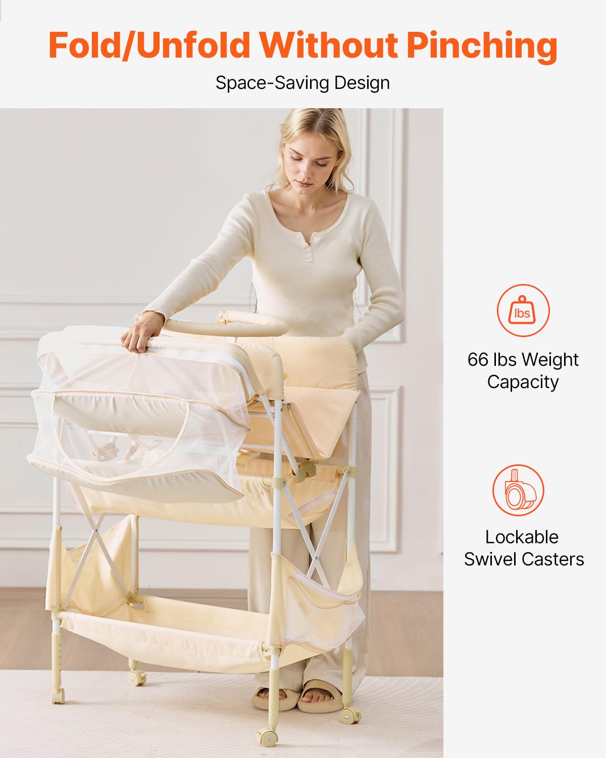 Baby Changing Table, Foldable Diaper Change Station with 2 Fabric Drawers, Side Basket and Hanging Rod, Adjustable Height Changing Table with Lockable Wheels and 2 Star Toys, Light Gray