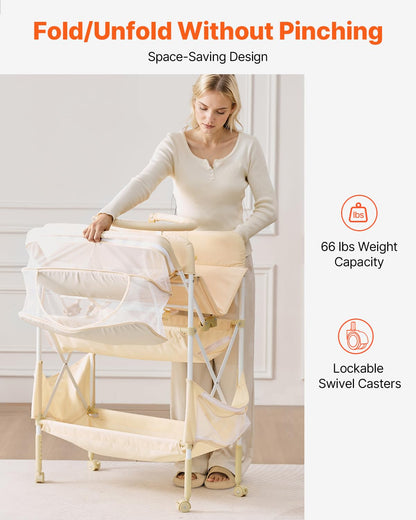 Baby Changing Table, Foldable Diaper Change Station with 2 Fabric Drawers, Side Basket and Hanging Rod, Adjustable Height Changing Table with Lockable Wheels and 2 Star Toys, Light Gray