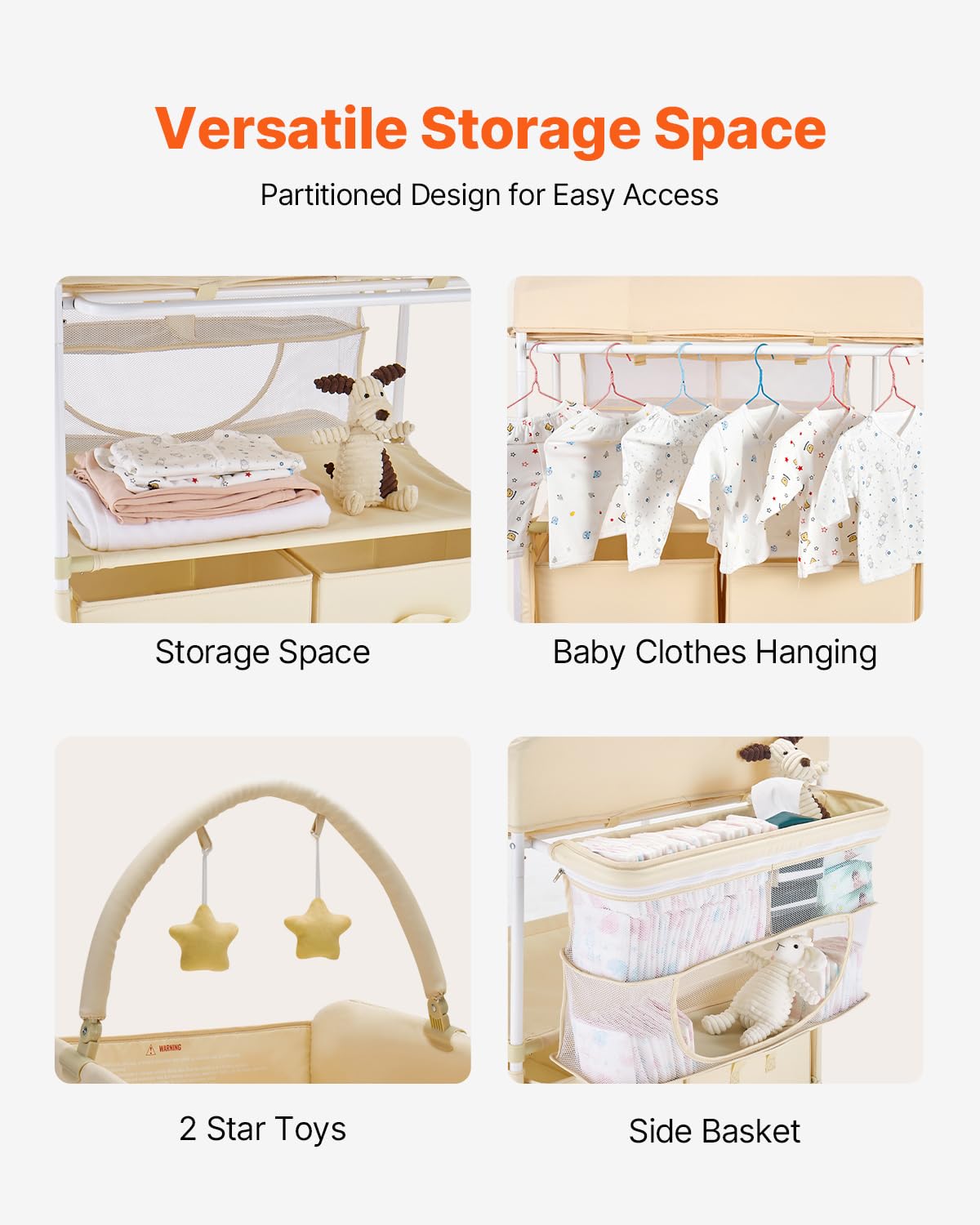 Baby Changing Table, Foldable Diaper Change Station with 2 Fabric Drawers, Side Basket and Hanging Rod, Adjustable Height Changing Table with Lockable Wheels and 2 Star Toys, Light Gray