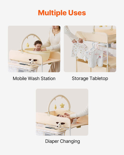 Baby Changing Table, Foldable Diaper Change Station with 2 Fabric Drawers, Side Basket and Hanging Rod, Adjustable Height Changing Table with Lockable Wheels and 2 Star Toys, Light Gray