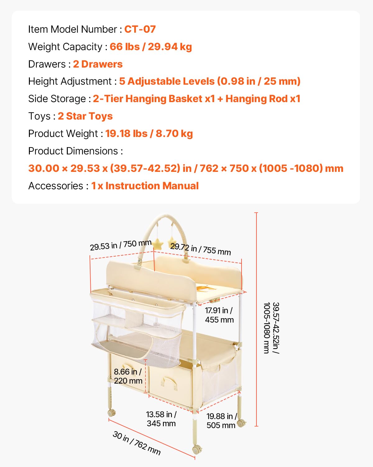 Baby Changing Table, Foldable Diaper Change Station with 2 Fabric Drawers, Side Basket and Hanging Rod, Adjustable Height Changing Table with Lockable Wheels and 2 Star Toys, Light Gray