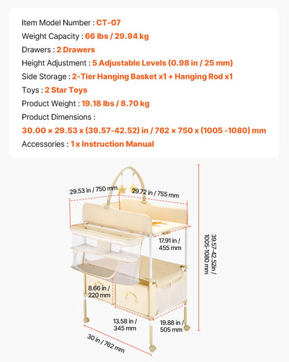 Baby Changing Table, Foldable Diaper Change Station with 2 Fabric Drawers, Side Basket and Hanging Rod, Adjustable Height Changing Table with Lockable Wheels and 2 Star Toys, Light Gray