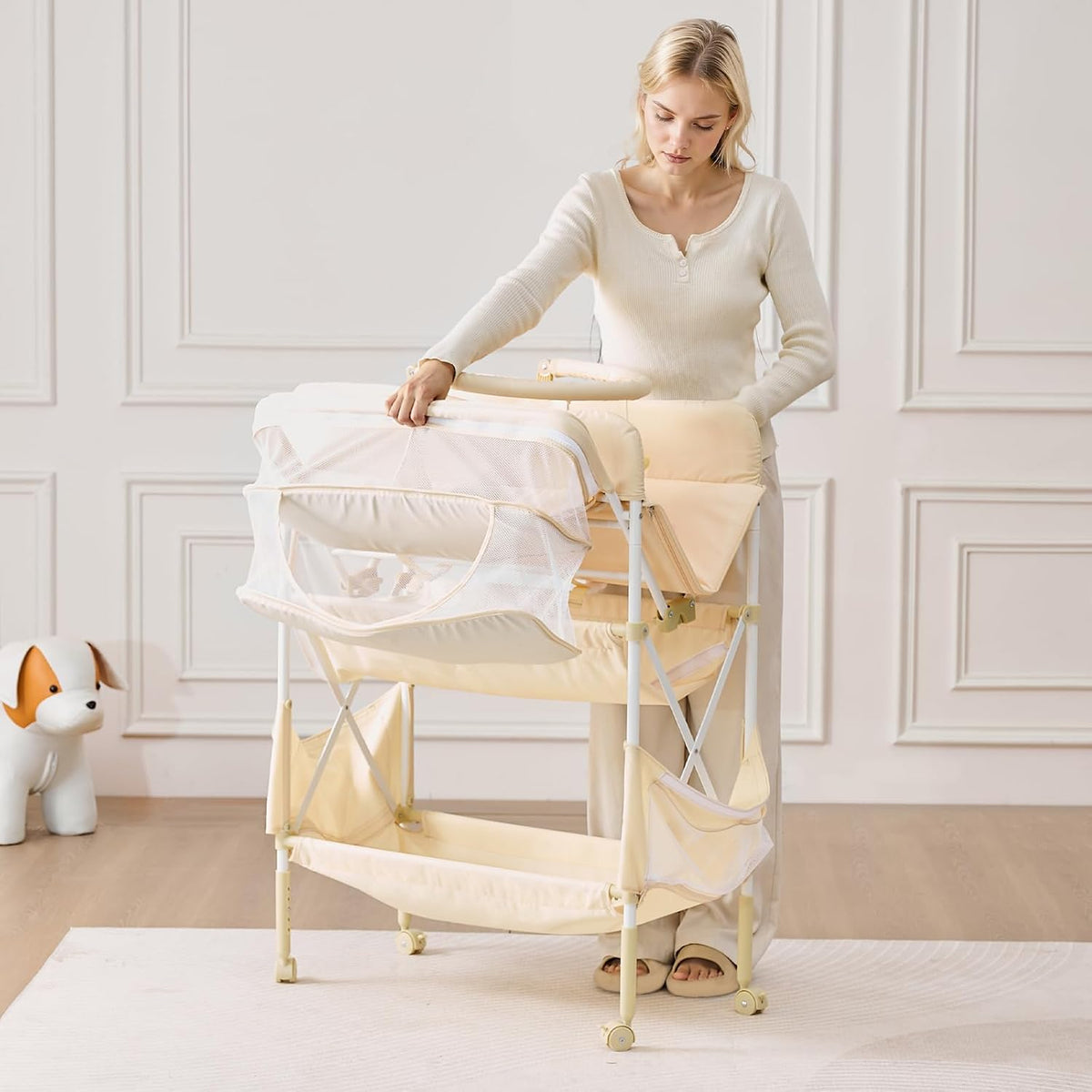 Baby Changing Table, Foldable Diaper Change Station with 2 Fabric Drawers, Side Basket and Hanging Rod, Adjustable Height Changing Table with Lockable Wheels and 2 Star Toys, Light Gray