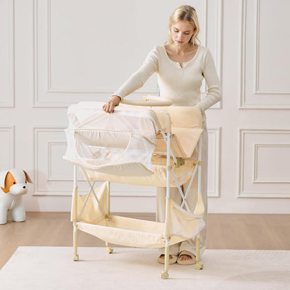 Baby Changing Table, Foldable Diaper Change Station with 2 Fabric Drawers, Side Basket and Hanging Rod, Adjustable Height Changing Table with Lockable Wheels and 2 Star Toys, Light Gray