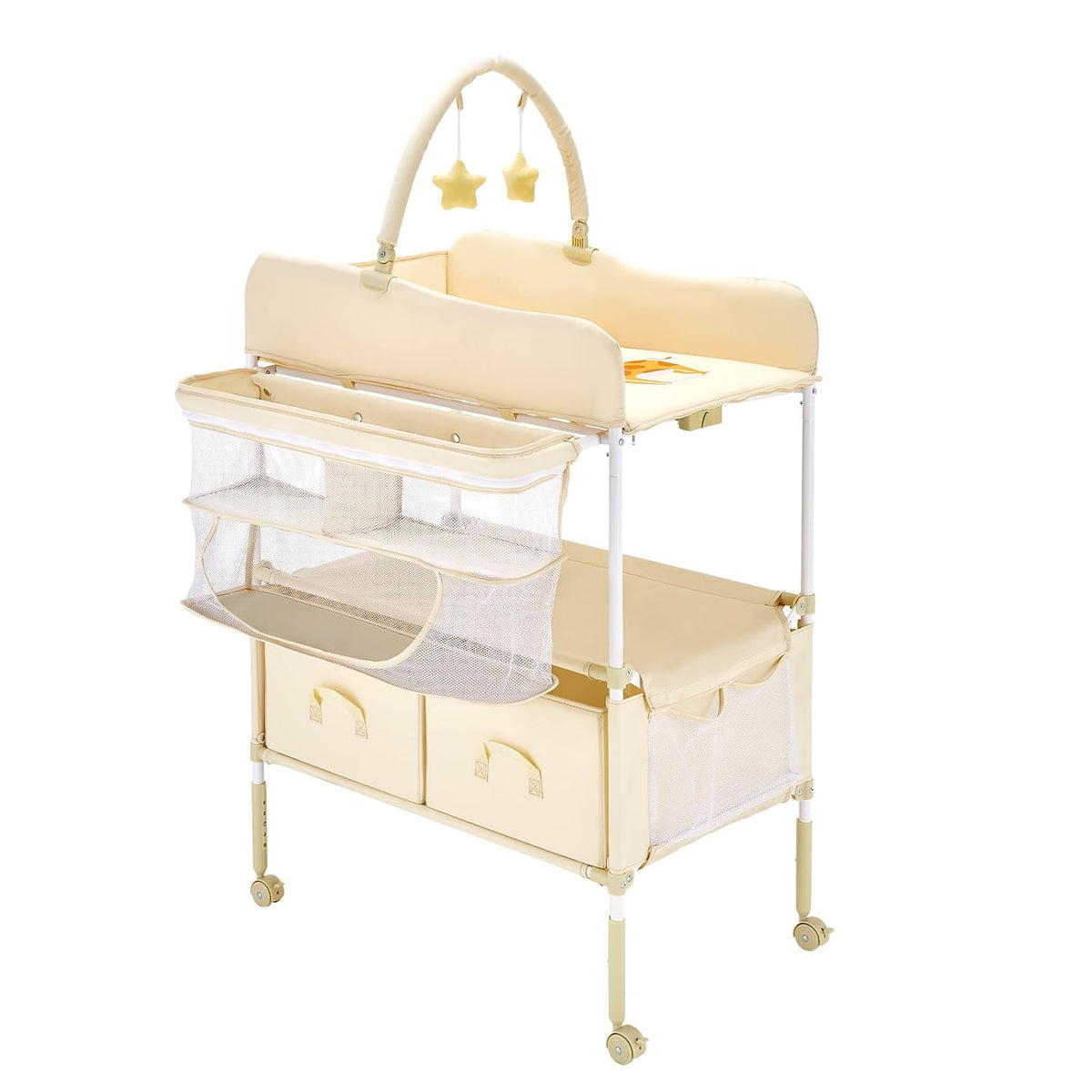 Baby Changing Table, Foldable Diaper Change Station with 2 Fabric Drawers, Side Basket and Hanging Rod, Adjustable Height Changing Table with Lockable Wheels and 2 Star Toys, Light Gray