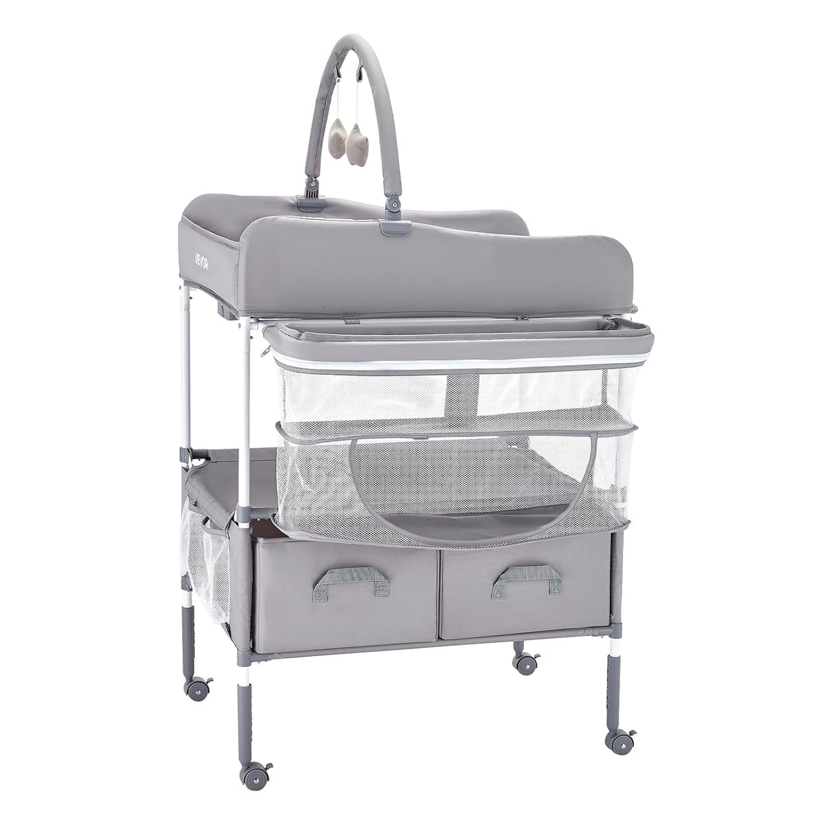 Baby Changing Table, Foldable Diaper Change Station with 2 Fabric Drawers, Side Basket and Hanging Rod, Adjustable Height Changing Table with Lockable Wheels and 2 Star Toys, Light Gray