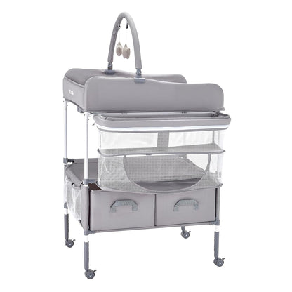 Baby Changing Table, Foldable Diaper Change Station with 2 Fabric Drawers, Side Basket and Hanging Rod, Adjustable Height Changing Table with Lockable Wheels and 2 Star Toys, Light Gray