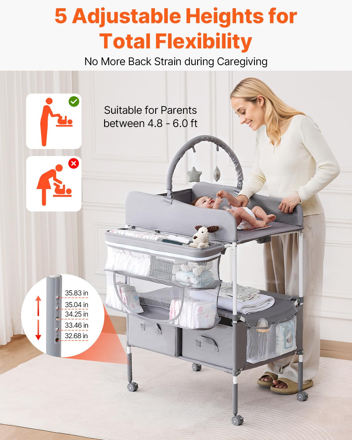 Baby Changing Table, Foldable Diaper Change Station with 2 Fabric Drawers, Side Basket and Hanging Rod, Adjustable Height Changing Table with Lockable Wheels and 2 Star Toys, Light Gray