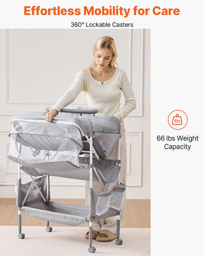 Baby Changing Table, Foldable Diaper Change Station with 2 Fabric Drawers, Side Basket and Hanging Rod, Adjustable Height Changing Table with Lockable Wheels and 2 Star Toys, Light Gray