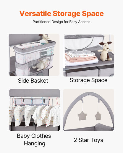 Baby Changing Table, Foldable Diaper Change Station with 2 Fabric Drawers, Side Basket and Hanging Rod, Adjustable Height Changing Table with Lockable Wheels and 2 Star Toys, Light Gray