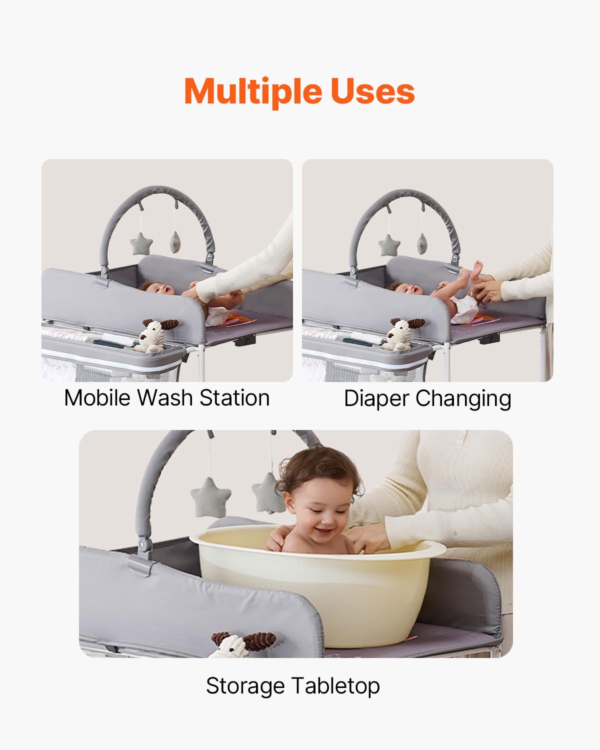 Baby Changing Table, Foldable Diaper Change Station with 2 Fabric Drawers, Side Basket and Hanging Rod, Adjustable Height Changing Table with Lockable Wheels and 2 Star Toys, Light Gray