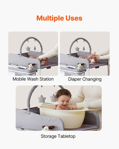 Baby Changing Table, Foldable Diaper Change Station with 2 Fabric Drawers, Side Basket and Hanging Rod, Adjustable Height Changing Table with Lockable Wheels and 2 Star Toys, Light Gray