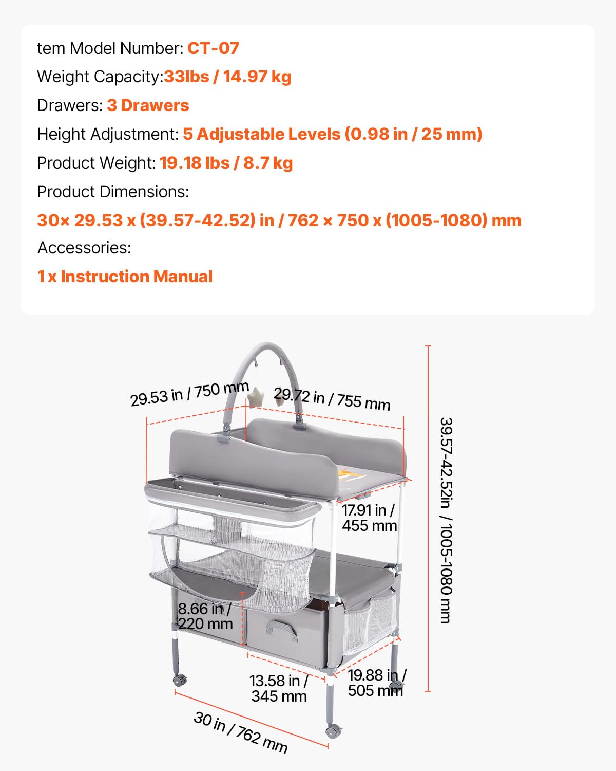 Baby Changing Table, Foldable Diaper Change Station with 2 Fabric Drawers, Side Basket and Hanging Rod, Adjustable Height Changing Table with Lockable Wheels and 2 Star Toys, Light Gray