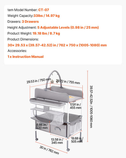 Baby Changing Table, Foldable Diaper Change Station with 2 Fabric Drawers, Side Basket and Hanging Rod, Adjustable Height Changing Table with Lockable Wheels and 2 Star Toys, Light Gray
