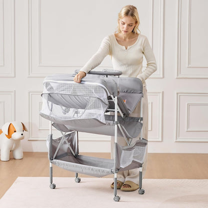 Baby Changing Table, Foldable Diaper Change Station with 2 Fabric Drawers, Side Basket and Hanging Rod, Adjustable Height Changing Table with Lockable Wheels and 2 Star Toys, Light Gray