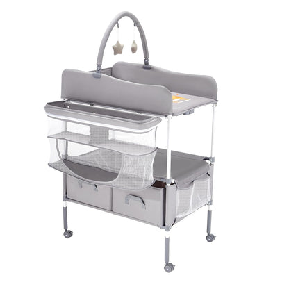 Baby Changing Table, Foldable Diaper Change Station with 2 Fabric Drawers, Side Basket and Hanging Rod, Adjustable Height Changing Table with Lockable Wheels and 2 Star Toys, Light Gray