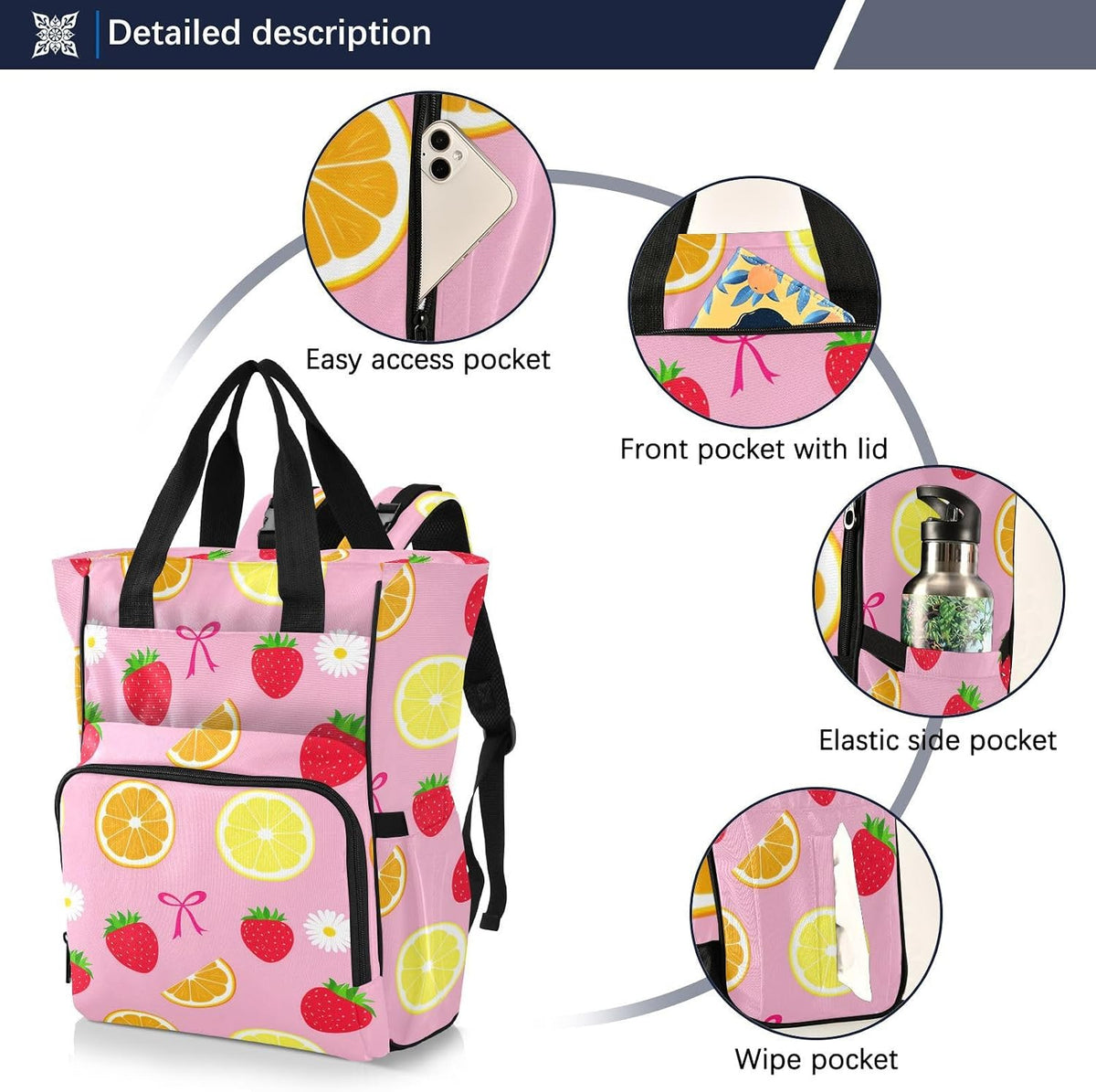 Diaper Bag Backpack, Multifunction Travel Bag for Moms Dads, Baby Changing Bag with Insulted Pockets, Stroller Straps and Side Bottle Pockets Berry Medley Pattern