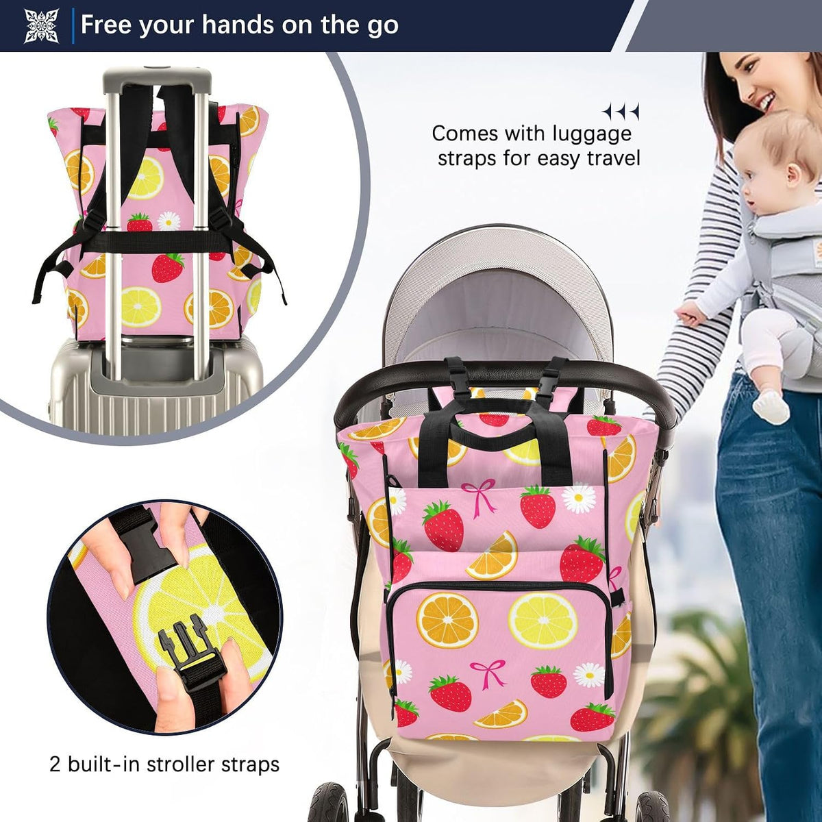 Diaper Bag Backpack, Multifunction Travel Bag for Moms Dads, Baby Changing Bag with Insulted Pockets, Stroller Straps and Side Bottle Pockets Berry Medley Pattern