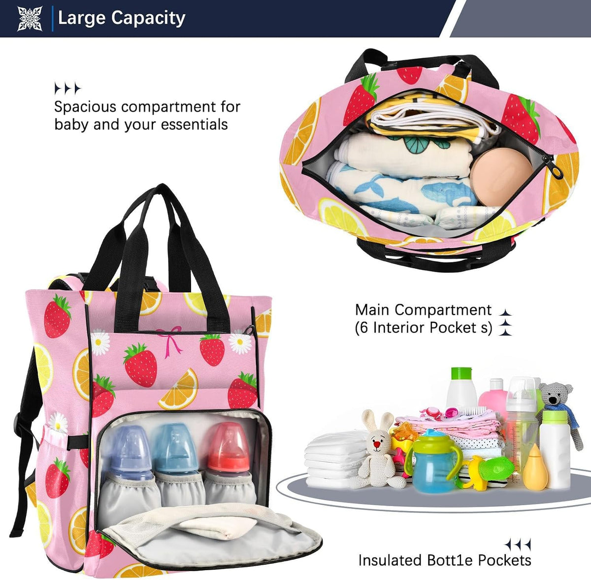Diaper Bag Backpack, Multifunction Travel Bag for Moms Dads, Baby Changing Bag with Insulted Pockets, Stroller Straps and Side Bottle Pockets Berry Medley Pattern