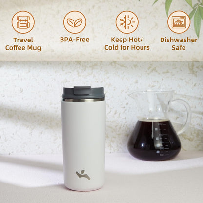 16oz Travel Coffee Mug with Lid, Insulated Stainless Tumbler | Caramel; BPA-free, leak-proof travel mug for hot coffee, iced coffee, office, home, camping, commute & daily use