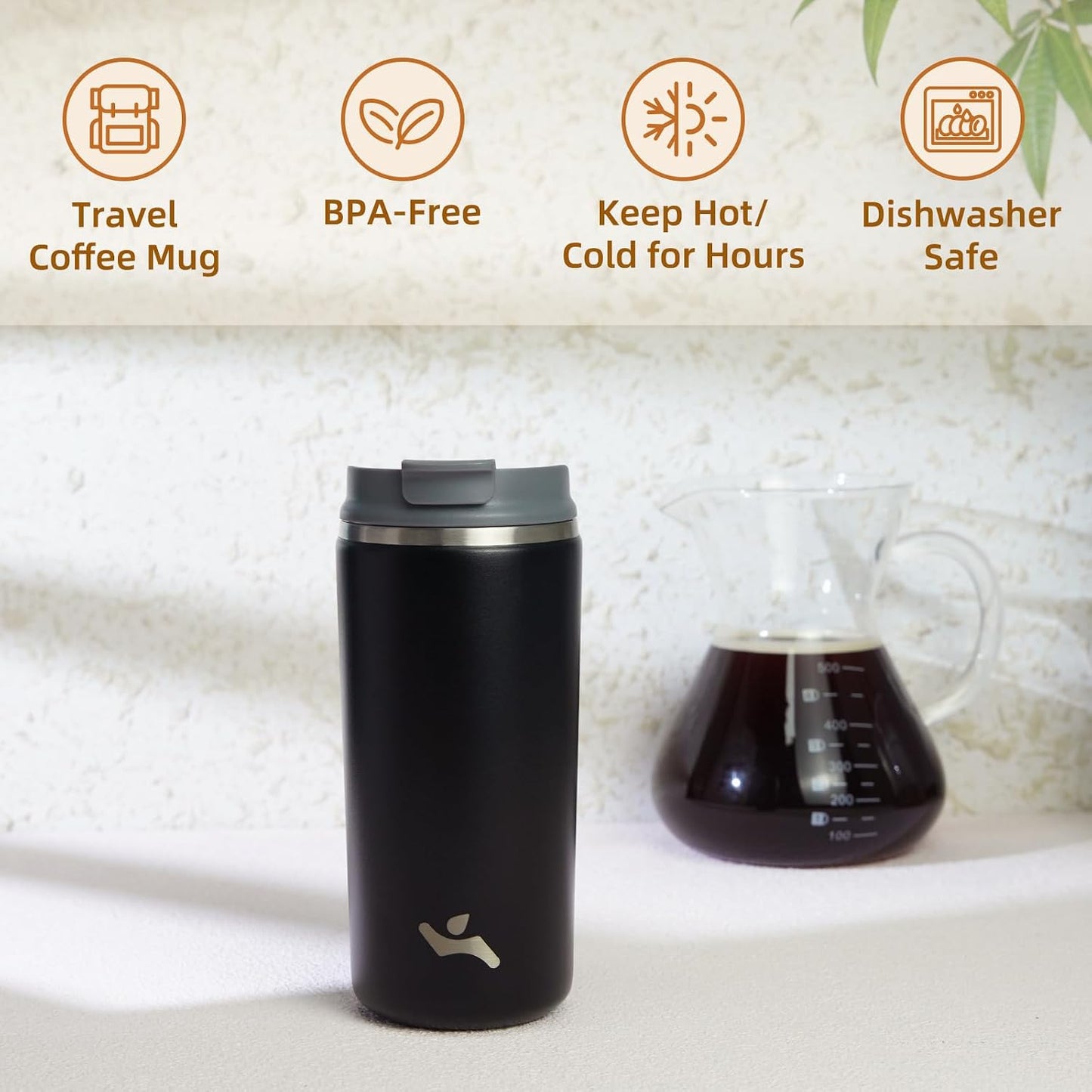 16oz Travel Coffee Mug with Lid, Insulated Stainless Tumbler | Caramel; BPA-free, leak-proof travel mug for hot coffee, iced coffee, office, home, camping, commute & daily use