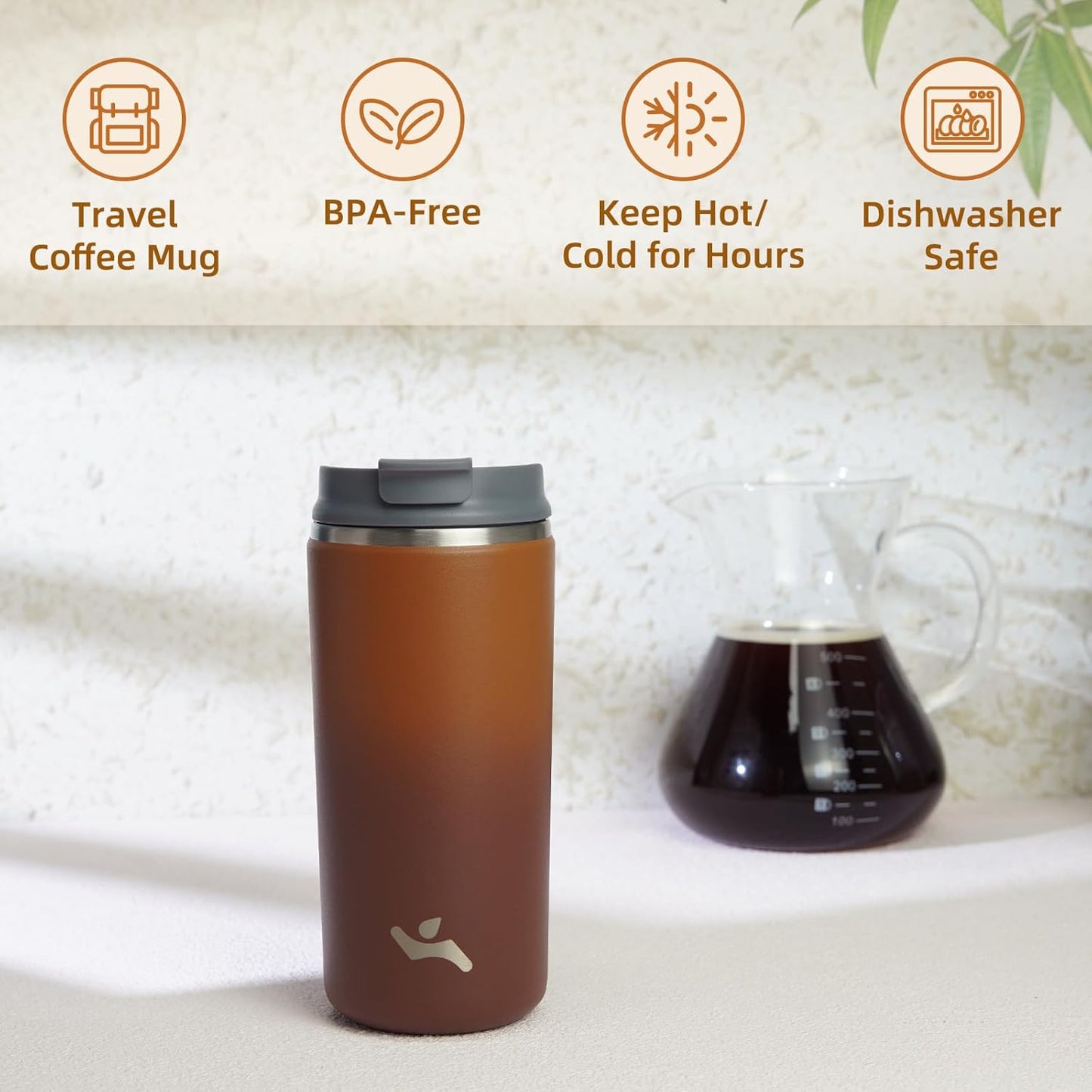16oz Travel Coffee Mug with Lid, Insulated Stainless Tumbler | Caramel; BPA-free, leak-proof travel mug for hot coffee, iced coffee, office, home, camping, commute & daily use